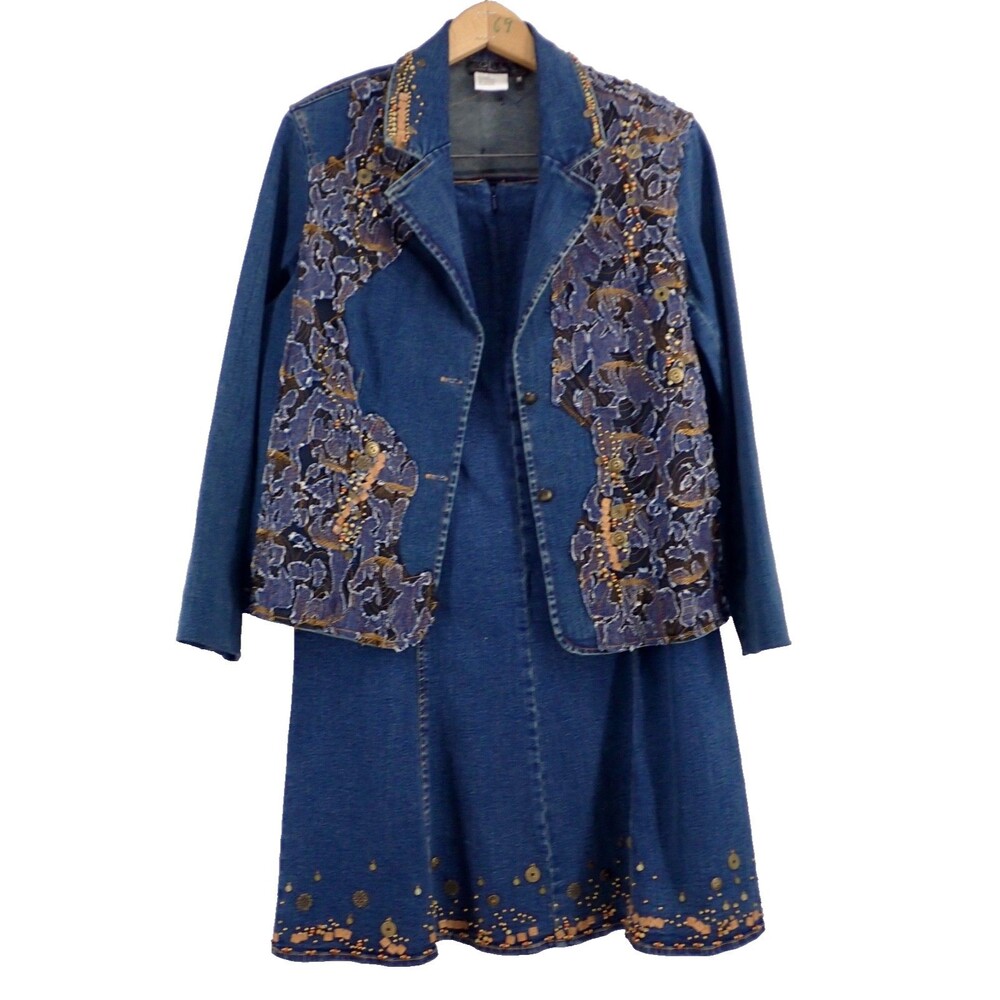 City Girl Embellished Blue Denim Blazer Sz Medium & Skirt Sz 6 Matched 2 pc Set - Picture 2 of 12